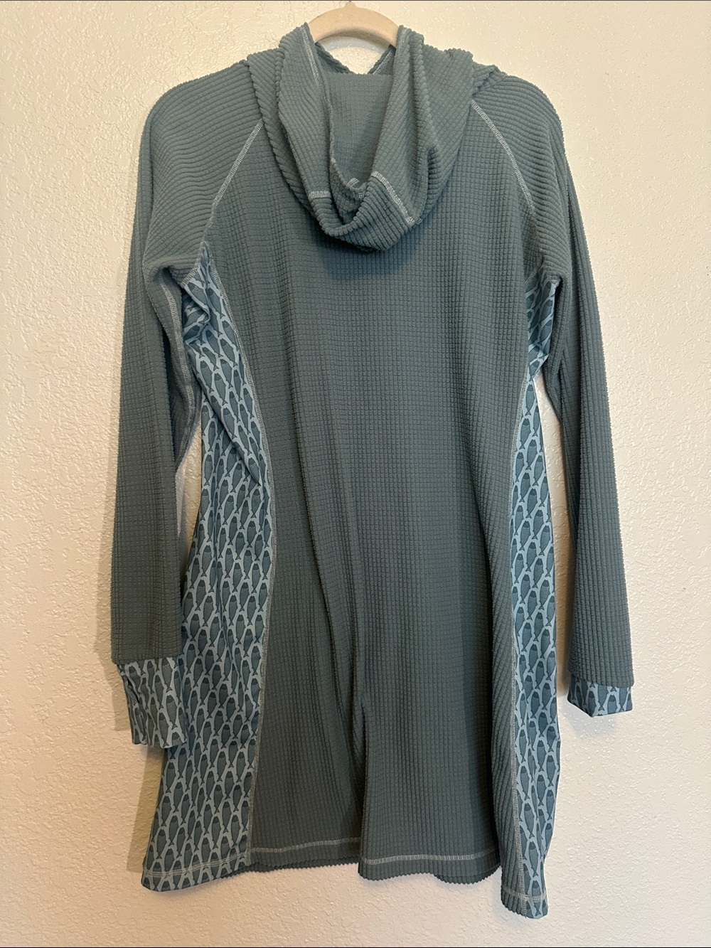 YOUER Long Waffle-Knit Hooded Adventure Dress in Seafoam Fish Print XL - Picture 6 of 6